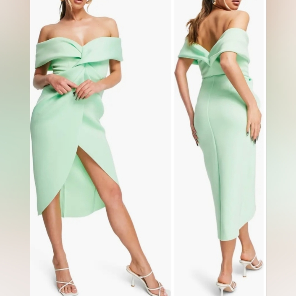 ASOS Design Ash Green Off Shoulder Twist Front Wrap Midi Dress US 6 NWT
